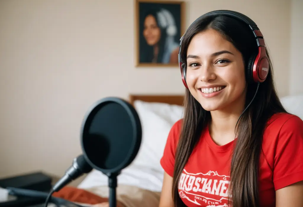 female, woman, podcast, microphone, music, audio, sound, headphones, voice, equipment, technology, recording, talking, speaking, bedroom, furniture, home, indoors, interior, ai generated